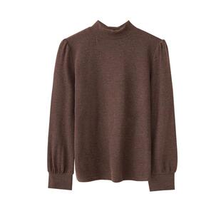 德绒泡泡袖打底衫女秋冬季内搭咖啡色半高领加绒加厚t恤长袖上衣