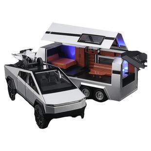 特斯拉皮卡仿真拖挂房车合金汽车模型儿童玩具车男孩生日礼物车模