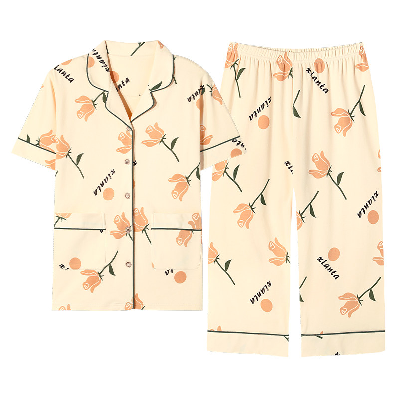 睡衣女士夏季纯棉短袖休闲宽松大码七分裤薄款夏款家居服两件套装
