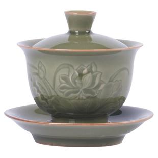 龙泉青瓷盖碗茶杯单杯陶瓷越窑仿古釉家用功夫茶具大号三才泡茶碗