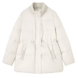 YBAI/亦白 2025冬季新款时尚百搭螺纹拼接收腰中长款羽绒服外套女