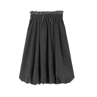 yawhat深灰色呢子花苞裙双腰头拼接松紧腰半身裙时髦蓬蓬中长裙