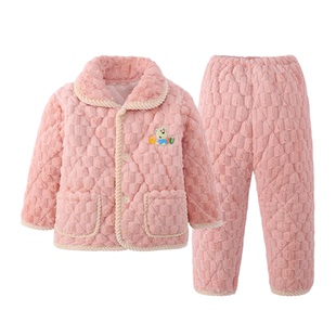 冬季儿童三层夹棉加厚珊瑚绒睡衣男童女童女孩宝宝红色家居服套装