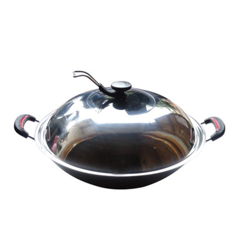 陆川铁锅双耳生铁铸铁炒锅不粘锅圆底平底无涂层加厚家用大铁锅具