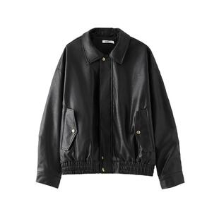 三福皮衣夹克2026新款春季时尚复古宽松翻领黑色外套女装846474