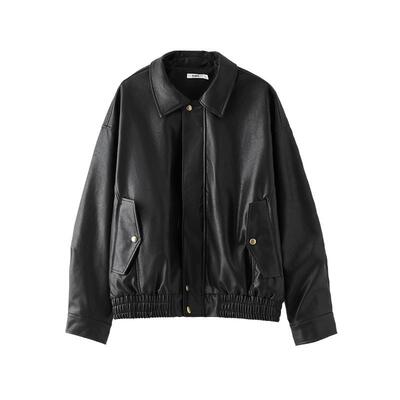 三福皮衣夹克2026新款春季时尚复古宽松翻领黑色外套女装846474