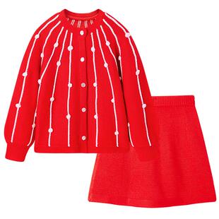 MINIPEACE太平鸟童装女童套装红色毛衣开衫裙子两件套新年衣服春
