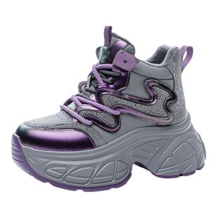 ZFCQ新款紫色8cm内增高老爹鞋女款真皮2026春秋厚底小个子高帮鞋