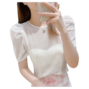 搭配吊带连衣裙内搭打底上衣夏季薄款网纱打底衫女蕾丝短袖上衣潮
