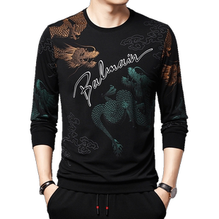 秋冬男士长袖印花t恤中年龙图案潮流宽松卫衣秋季加绒男体恤打底