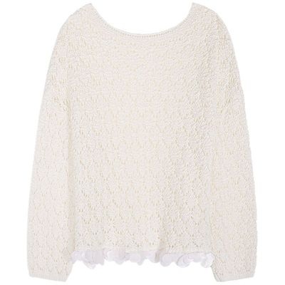 今屿花花白色宽松镂空针织衫女