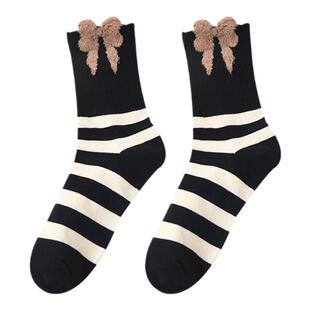 秋冬袜子女中筒袜黑色羽毛纱毛绒小熊蝴蝶结纯棉ins网红韩版长筒