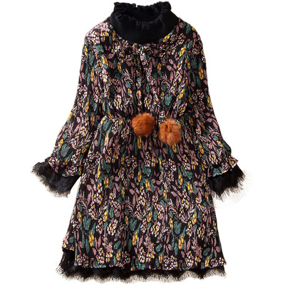 儿童打底裙长袖高领加厚宝宝公主裙雪纺碎花女童加绒连衣裙秋冬