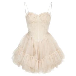 Elywood淡黄网纱蓬蓬吊带短裙小个子少女收腰修身裙减龄花苞裙夏