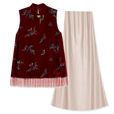 国风红色流苏马甲气质半裙套装女