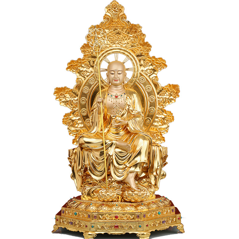 黄铜地藏王菩萨南无地藏佛像神彩绘贴金坐八角家用供奉摆件工艺品