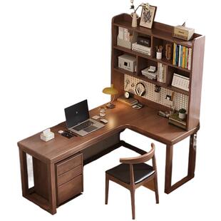 简约实木带柜书桌实木书桌书架一体转角L型家用学习桌家用电脑桌