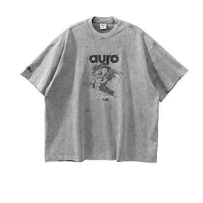 Aurocean 水洗灰色日漫丧脸T恤 破损做旧纯棉油墨印花大版短袖