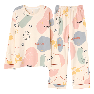 100％纯棉带胸垫女春秋长袖睡衣