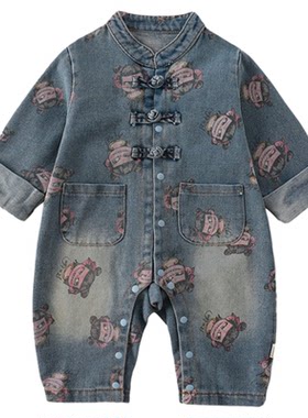 男宝宝连体衣秋季外出服婴儿洋气衣服秋款小月龄软牛仔可爱爬服潮
