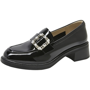 康莉粗跟乐福鞋女25年春秋新款方扣英伦学院甜美小皮鞋黑色一脚蹬