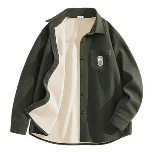 回力加绒衬衫男冬季2025新款加厚灯芯绒衬衣新中式绿色外套春装Y