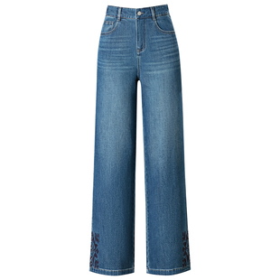 国风十字绣花牛仔阔腿裤春季高腰拉链后松紧筒裤九分裤小个子女裤