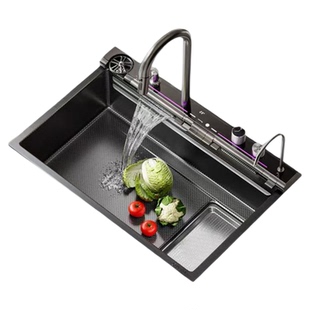 JOMOW鲸鱼飞雨瀑布水槽厨房304不锈钢集渣大单槽纳米多功能洗菜盆