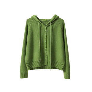 草绿色连帽毛衣开衫外套毛衣女秋冬韩系宽松慵懒风针织衫软糯上衣