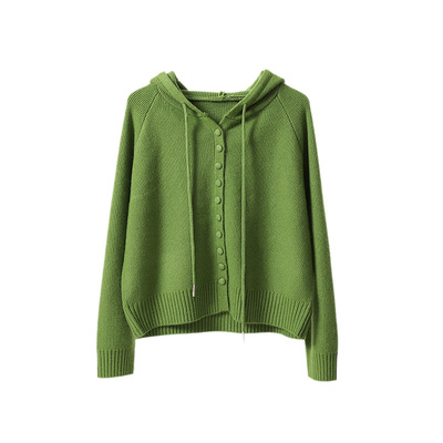 连帽韩版宽松纽扣毛衣女针织衫