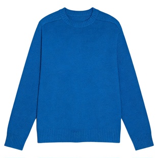 Basic House/百家好蓝色100%羊毛加厚针织衫女冬季慵懒风圆领毛衣