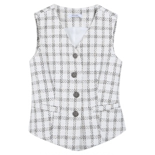 NEVA HU 编织肌理感 小香风v领马甲女复古格子无袖坎肩马夹上衣