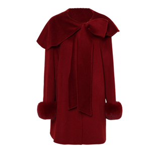 DPLAY100羊毛红色双面呢子大衣狐狸毛小个子冬季上衣女新年外套
