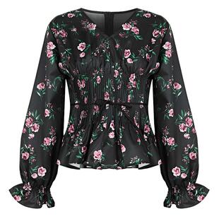 sdeer圣迪奥女装V领风琴褶碎花收腰长袖衬衫S233Z0575