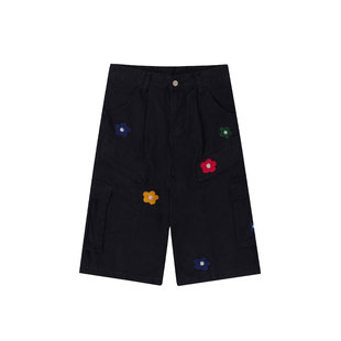 大码美式复古花朵刺绣牛仔七分裤男女高街vibe宽松阔腿工装短裤夏