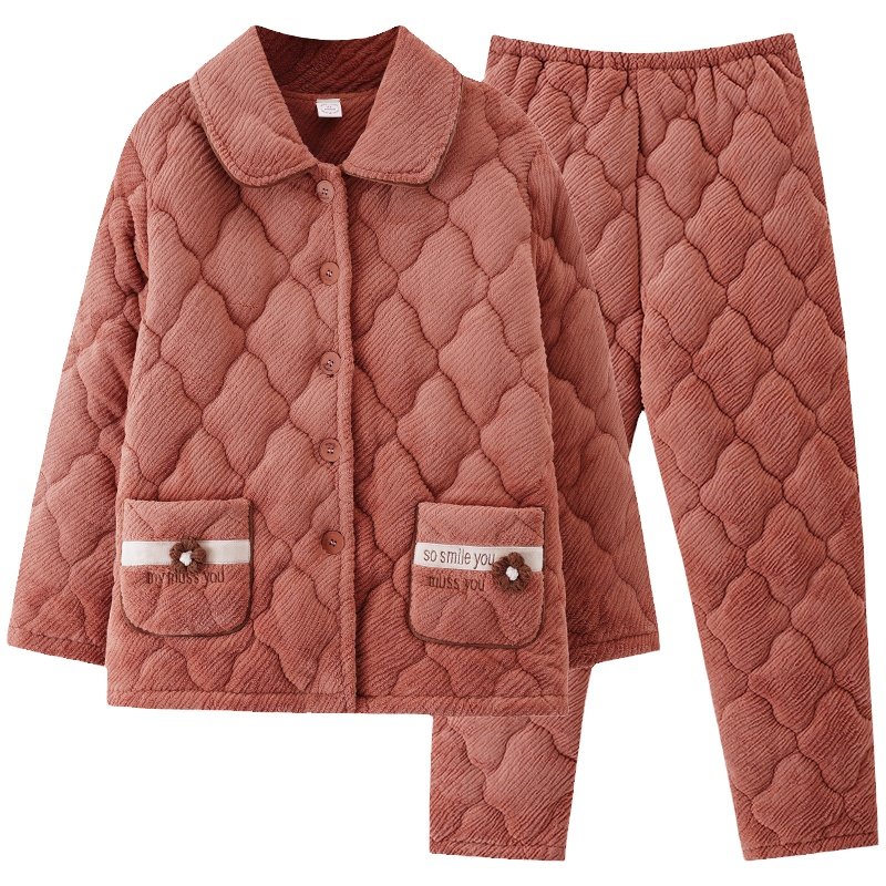 芬腾正品秋冬季女珊瑚绒夹棉睡衣