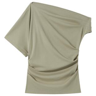 OCHIRLY欧时力  斜肩褶饰短袖t恤不规则上衣淡人穿搭夏新