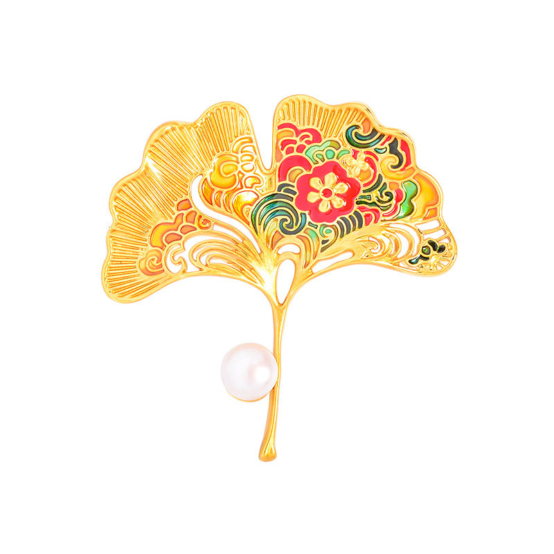 复古珐琅彩银杏叶胸针镂空彩绘花卉天然珍珠别针西装大衣胸花配饰