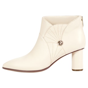 LINGMEICHEN白色短靴冬季新款高跟鞋女鞋花瓣踝靴真皮粗跟靴子女
