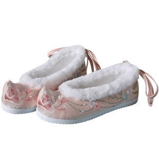 江南朱记素央加绒汉服鞋冬季加厚浅口古风鞋橡胶底平跟系带绣花鞋