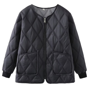 大码女装胖mm冬季新款轻薄菱格夹棉棉服加肥加大外套女拉链小棉袄