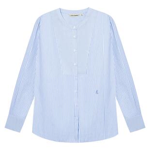 【全棉亲肤】暇步士女装圆领条纹长袖衬衫春季拼接美式休闲上衣女