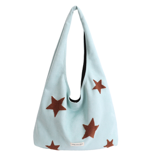 韩系简约大容量星星刺绣单肩包女2025新款大学生慵懒风通勤托特包