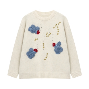 Basic House/百家好刺绣白色毛衣女秋冬新款宽松针织衫上衣羊毛衫