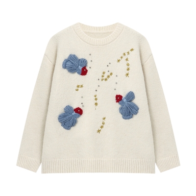 Basic House/百家好刺绣白色毛衣女秋冬新款宽松针织衫上衣羊毛衫