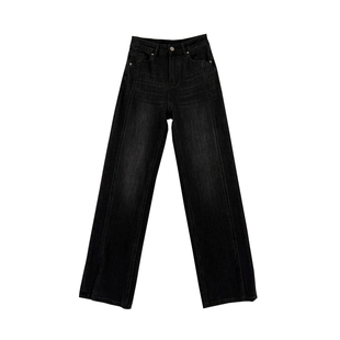 新年秒瘦神裤~黑色开叉牛仔裤女2026春季新款直筒宽松拖地阔腿裤