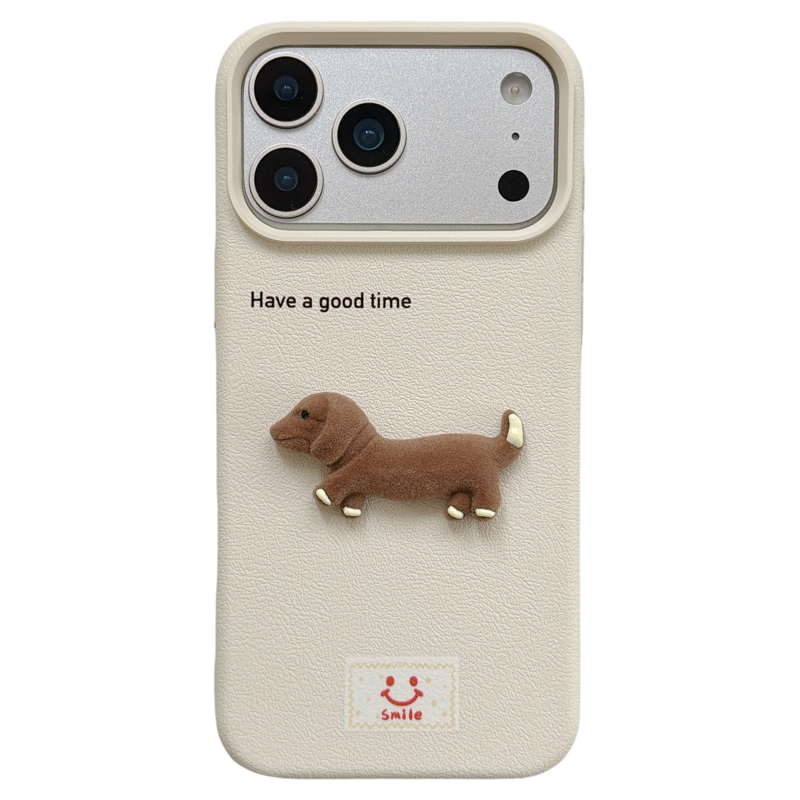 jze 韩系简约英文立体腊肠狗适用苹果17ProMax手机壳iphone15新款16pro女款13仿皮15pro铃铛挂饰14防摔保护套