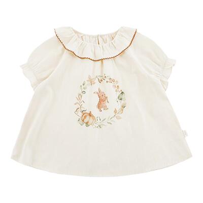 幼悠女童森系小兔娃娃衫春夏季曲牙波浪荷叶翻领泡泡袖宽松衬衫潮