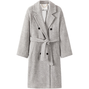 URLAZH有兰新款灰色气质羊毛长款大衣外套女IM3TC07