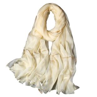 专柜精品100%桑蚕丝金边订珠款长丝巾春秋冬季百搭保暖围巾粉黄色